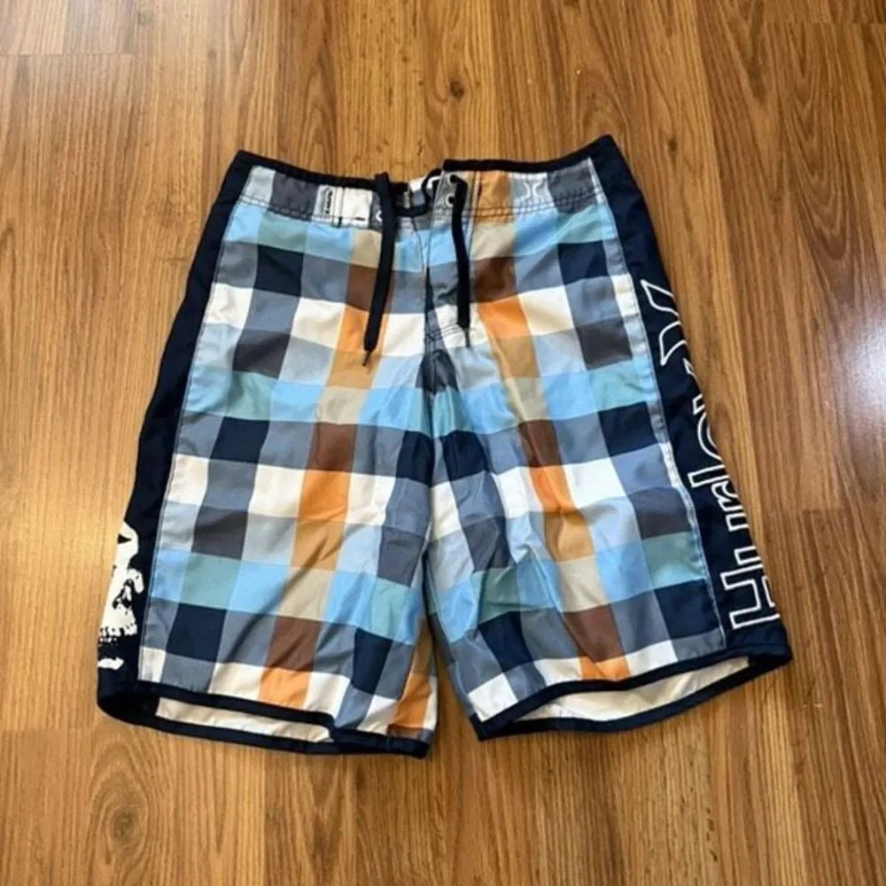 Hurley Youth Plaid Skull Print Lace Up Swim Board Shorts Multicolor Size 12